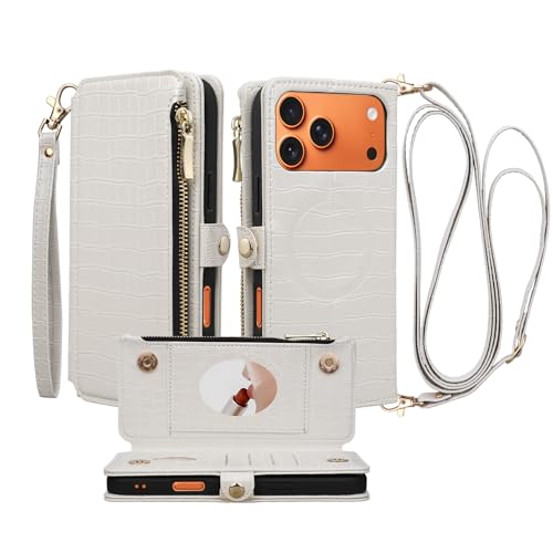 Stylivolve Crossbody Wallet Case for iPhone 17 Pro Max with Mirror, Wrist Strap, Zipper Purse Magnetic Flip, RFID Blocking Card Holder, Wireless Charging, PU Leather Shockproof 6.9" Women (White) - Image 1