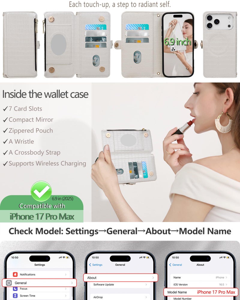 Stylivolve Crossbody Wallet Case for iPhone 17 Pro Max with Mirror, Wrist Strap, Zipper Purse Magnetic Flip, RFID Blocking Card Holder, Wireless Charging, PU Leather Shockproof 6.9" Women (White) - Image 2