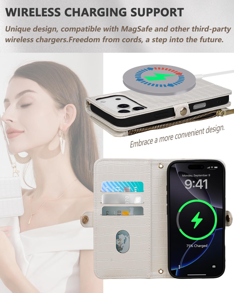 Stylivolve Crossbody Wallet Case for iPhone 17 Pro Max with Mirror, Wrist Strap, Zipper Purse Magnetic Flip, RFID Blocking Card Holder, Wireless Charging, PU Leather Shockproof 6.9" Women (White) - Image 5