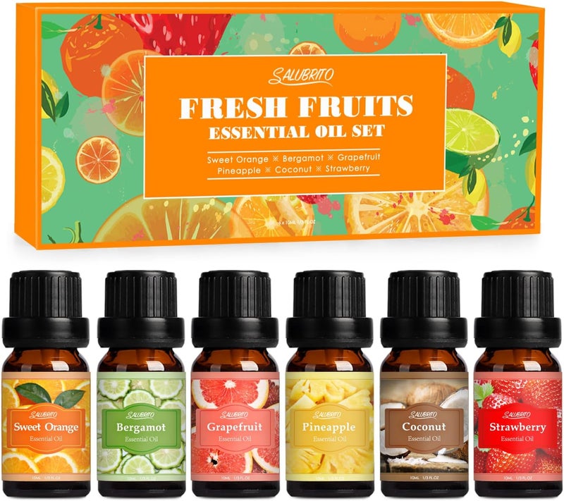 SALUBRITO Fresh Fruit Fragrance Oils Set, Essential Oils for Diffuser, Candle, Soap Making - Strawberry, Sweet Orange, Pineapple, Coconut, Bergamot, Grapefruit, 6X10ml