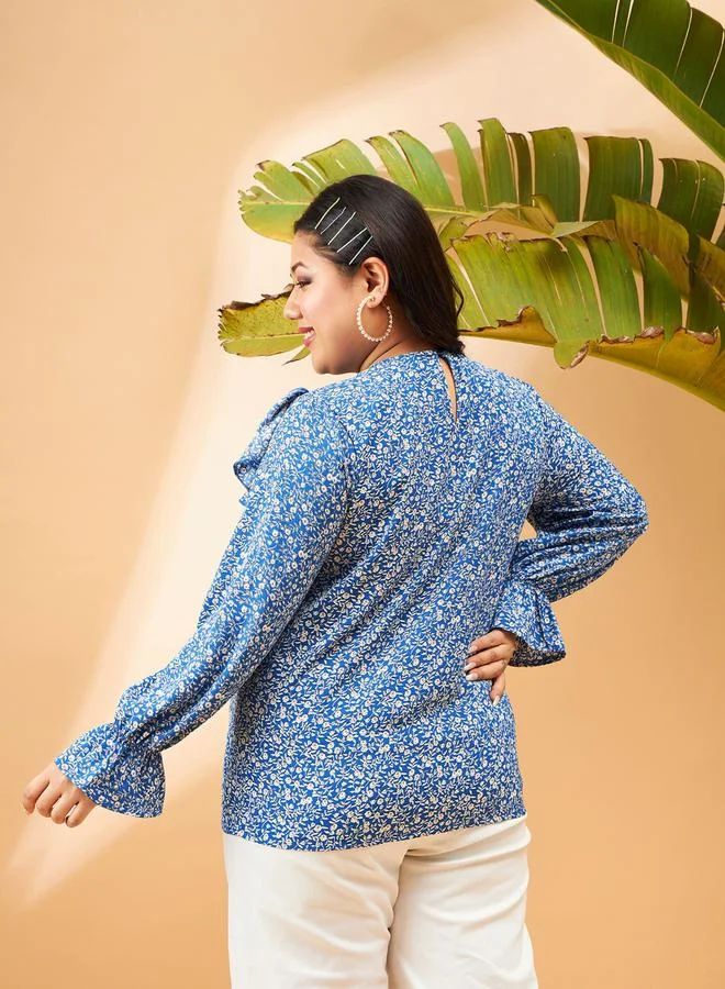 SASSAFRAS Plus Floral Print Smocking Detail Frill Top by Styli