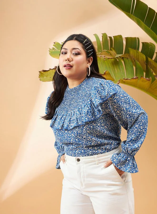 SASSAFRAS Plus Floral Print Smocking Detail Frill Top by Styli
