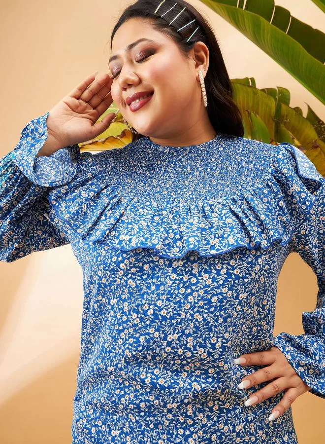 SASSAFRAS Plus Floral Print Smocking Detail Frill Top by Styli