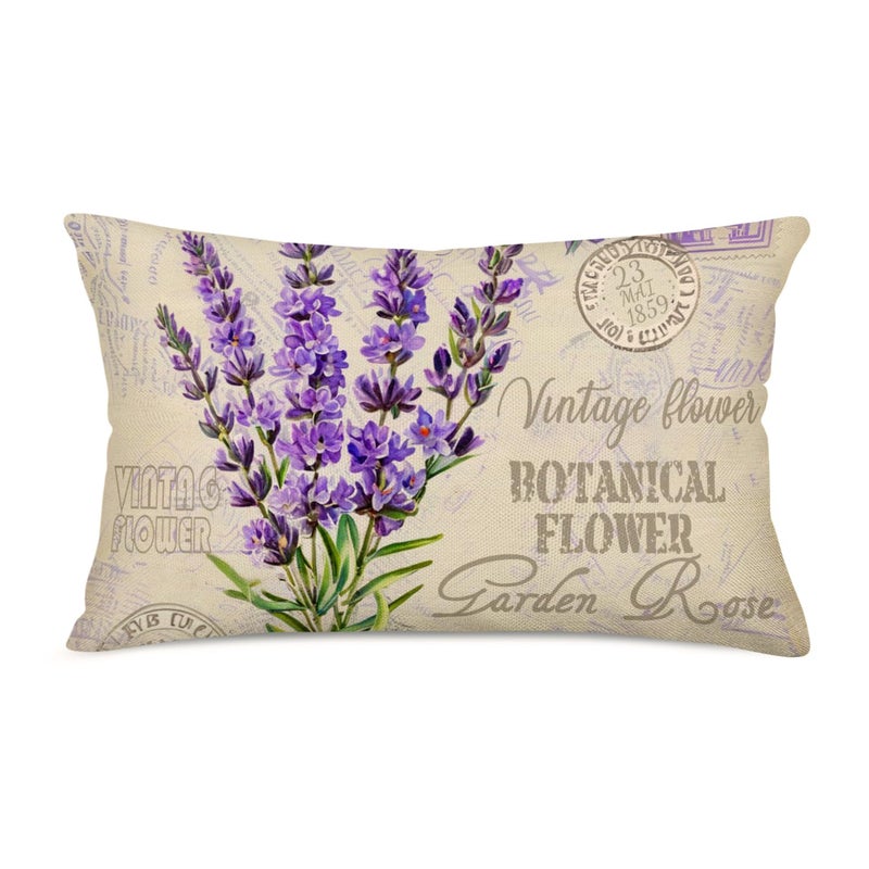 Fukeen Vintage Flower Lavender Throw Pillow Covers Decorative French Country Stamp with Violet Bouquet Pillow Cases Cotton Linen Burlap Lumbar Cushion Cover Rectangle 12x20 Inches Grey Purple