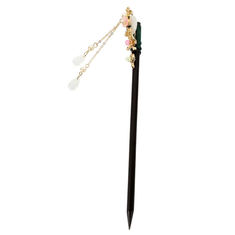 White Wooden Hair Stick With Jade Accent Elegant Bun Holder Decorative Tassel - Image 1