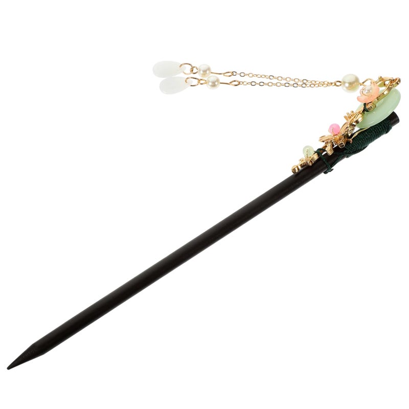 White Wooden Hair Stick With Jade Accent Elegant Bun Holder Decorative Tassel - Image 2
