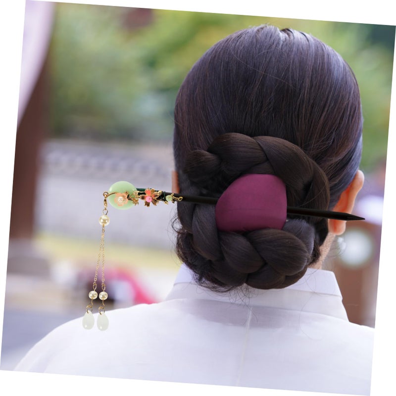 White Wooden Hair Stick With Jade Accent Elegant Bun Holder Decorative Tassel - Image 4
