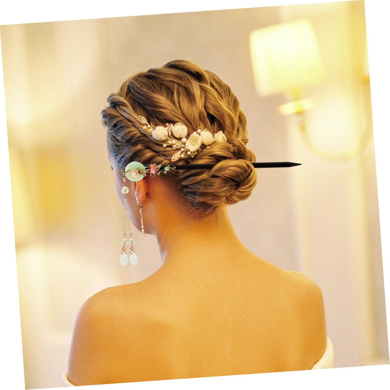 White Wooden Hair Stick With Jade Accent Elegant Bun Holder Decorative Tassel - Image 3