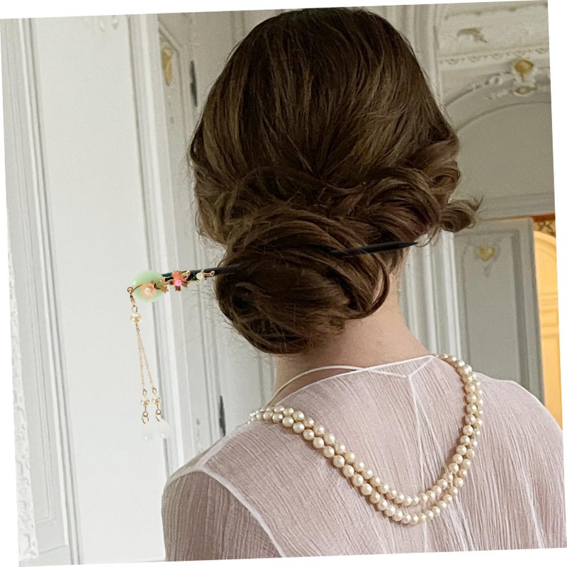 White Wooden Hair Stick With Jade Accent Elegant Bun Holder Decorative Tassel - Image 5