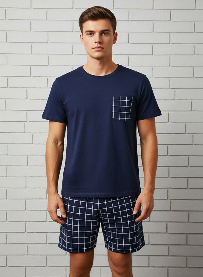 trendyol Navy Blue Regular Fit Plaid Knitted Shorts Pajama Set - Image 2