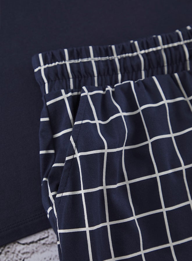 trendyol Navy Blue Regular Fit Plaid Knitted Shorts Pajama Set - Image 4