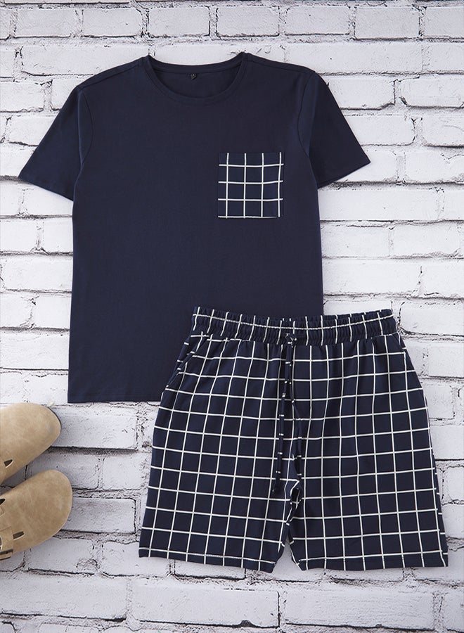 trendyol Navy Blue Regular Fit Plaid Knitted Shorts Pajama Set - Image 3