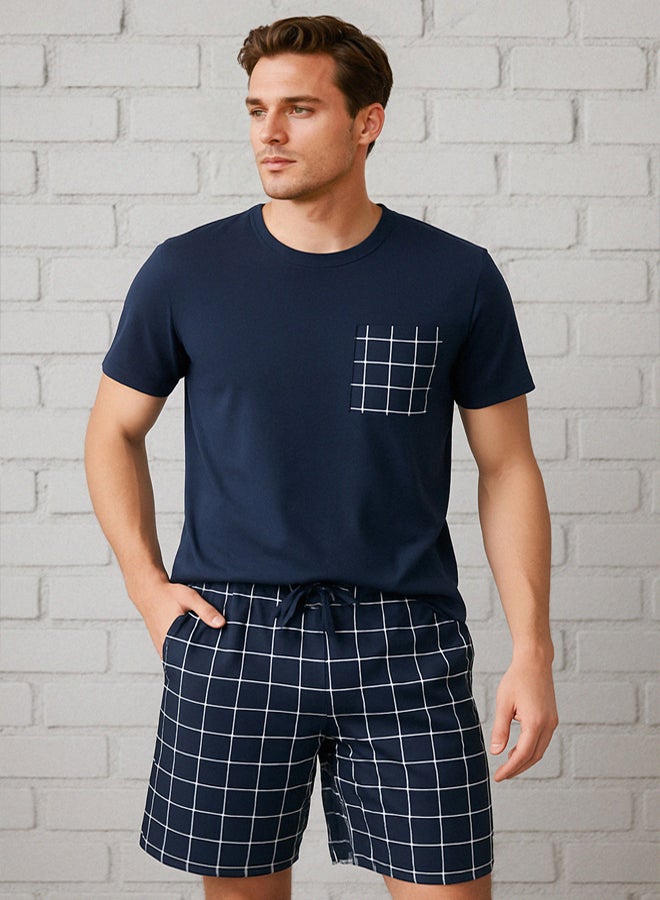trendyol Navy Blue Regular Fit Plaid Knitted Shorts Pajama Set - Image 1