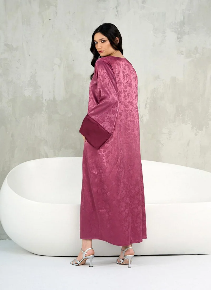 Couturelabs Plum Silk Jacquard Kaftan Dress with Lace