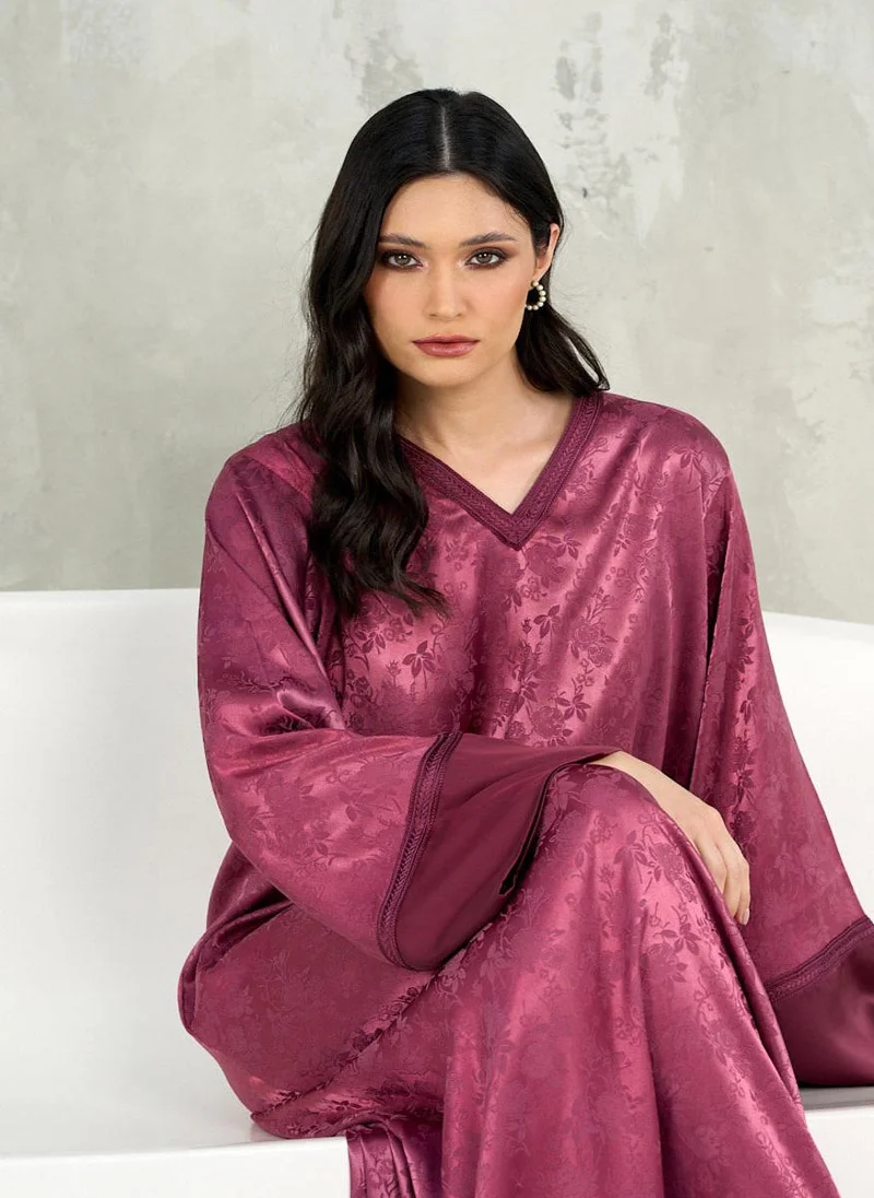 Couturelabs Plum Silk Jacquard Kaftan Dress with Lace