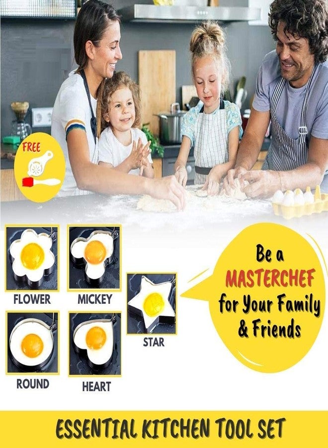 NIDY® Fried Egg Mold Rings DIY Kitchen Cooking Tools for Breakfast Stainless Steel. 5Pcs-Star-Circle-Heart-Flower-Micky with 2Pcs Extra Essential Accessories Silicone Brush & Yoke Separator - Image 2