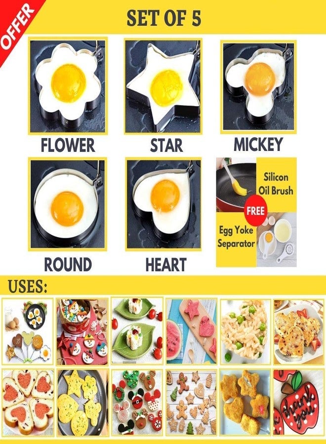 NIDY® Fried Egg Mold Rings DIY Kitchen Cooking Tools for Breakfast Stainless Steel. 5Pcs-Star-Circle-Heart-Flower-Micky with 2Pcs Extra Essential Accessories Silicone Brush & Yoke Separator - Image 4