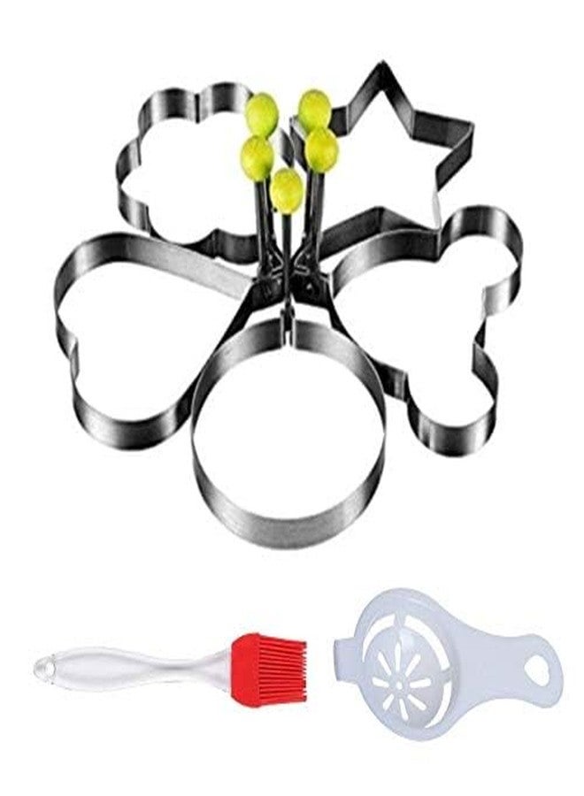 NIDY® Fried Egg Mold Rings DIY Kitchen Cooking Tools for Breakfast Stainless Steel. 5Pcs-Star-Circle-Heart-Flower-Micky with 2Pcs Extra Essential Accessories Silicone Brush & Yoke Separator - Image 1
