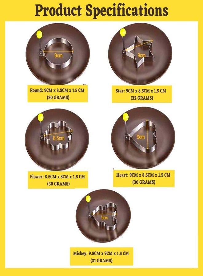 NIDY® Fried Egg Mold Rings DIY Kitchen Cooking Tools for Breakfast Stainless Steel. 5Pcs-Star-Circle-Heart-Flower-Micky with 2Pcs Extra Essential Accessories Silicone Brush & Yoke Separator - Image 3