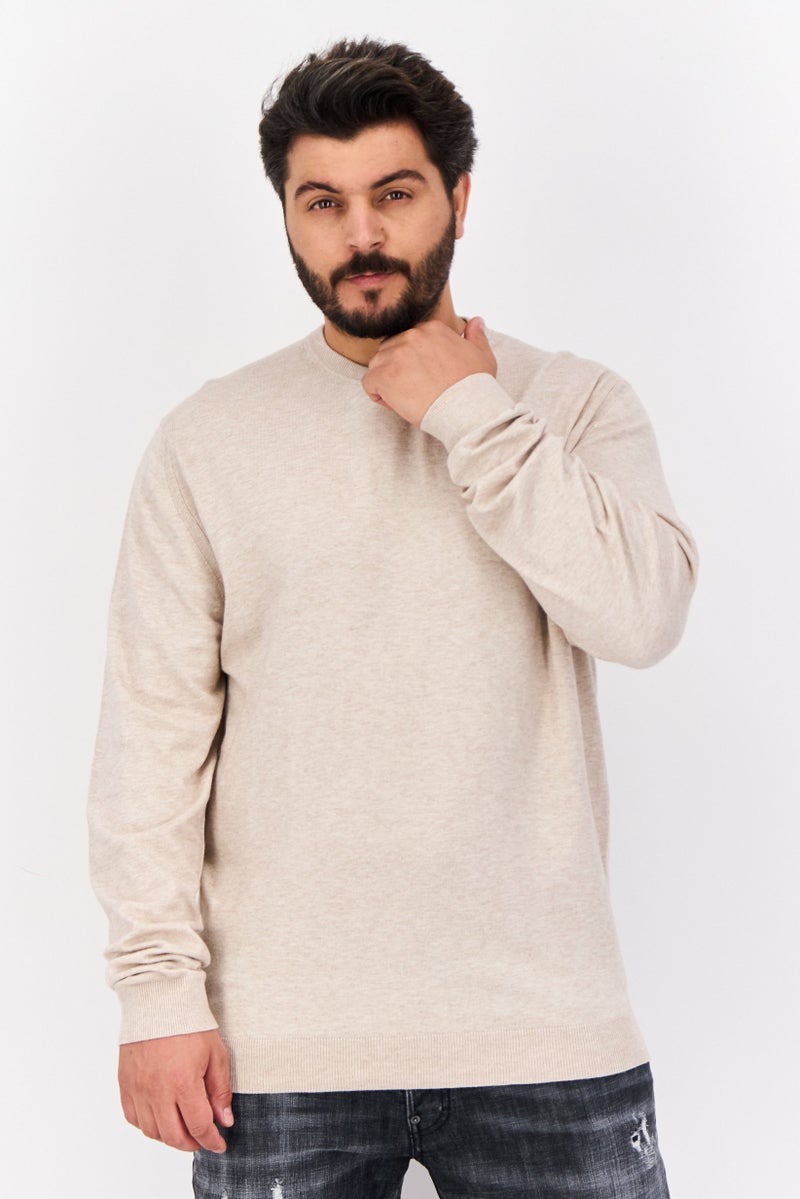 Sorbino Men Crew Neck Long Sleeve Plain Sweater, Beige - Image 1