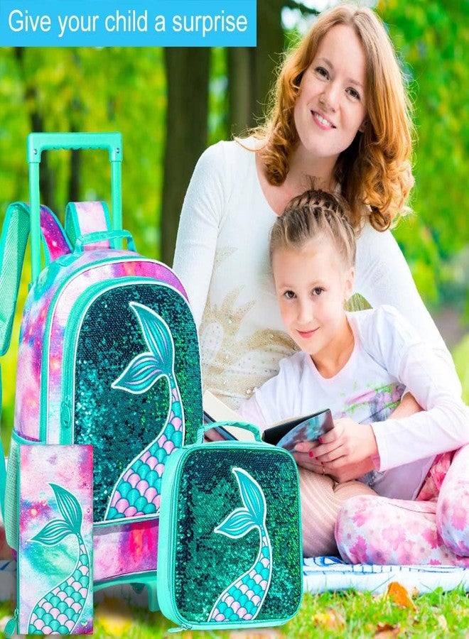 gxtvo Girls Rolling Backpack, Kids Wheels Bookbag - Roller Elementary Sequin School Bag - 3PCS Unicorn Mermaid Green, Green Mermaid Rolling Set, 3pc Mermaid Rolling Backpack Set - Image 2