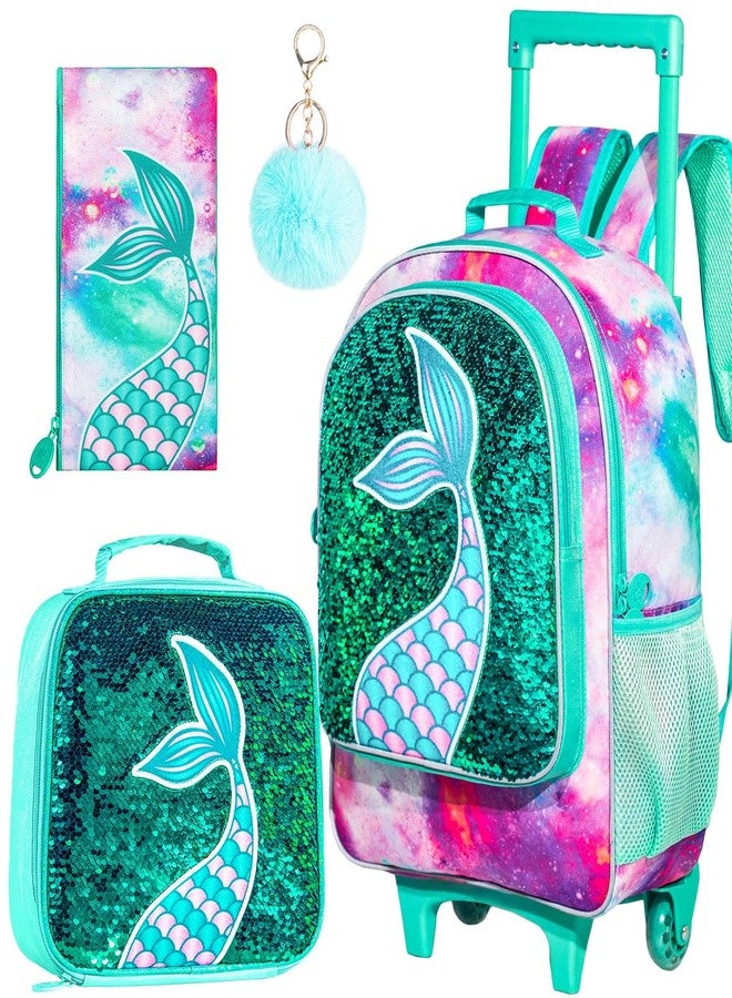 gxtvo Girls Rolling Backpack, Kids Wheels Bookbag - Roller Elementary Sequin School Bag - 3PCS Unicorn Mermaid Green, Green Mermaid Rolling Set, 3pc Mermaid Rolling Backpack Set - Image 1