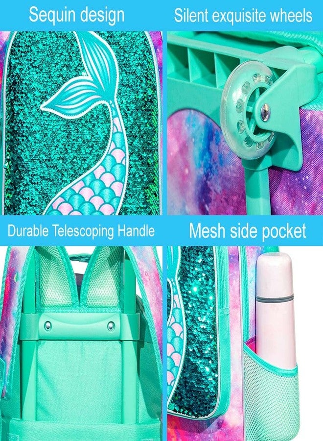 gxtvo Girls Rolling Backpack, Kids Wheels Bookbag - Roller Elementary Sequin School Bag - 3PCS Unicorn Mermaid Green, Green Mermaid Rolling Set, 3pc Mermaid Rolling Backpack Set - Image 5