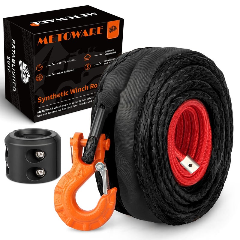 METOWARE Synthetic Winch Rope Cable Kit 38 x 100 26000LBS Winch Line Cable Rope with Protective Sleeve Stopper Forged Winch Hook for 4WD Off Road Vehicle UTV ATV SUV Black
