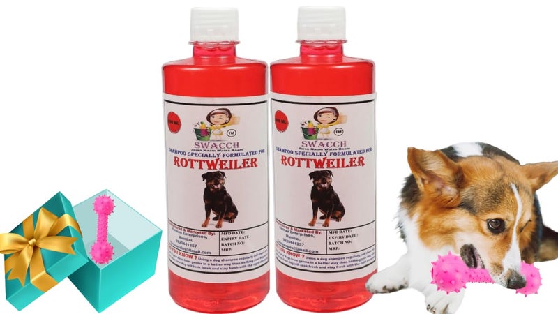 swacch Rottweiler Dog Shampoo + Dumbbell Toy I Durable Rubber Dog Toy for Chewing I Playing,Teeth Cleaning & Training Toy I Combo Pack I 500ml Pack of 2 Jasmine - Image 1