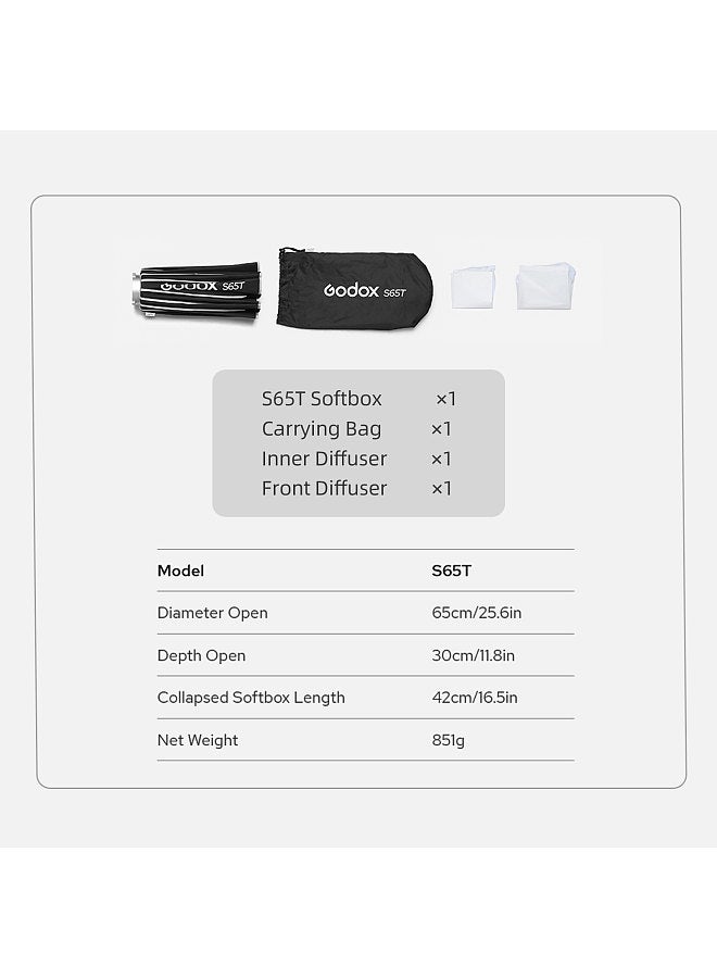 S65T 65cm/25.6in Quick Release Umbrella Softbox Professional Foldable Softbox with Standard Bowen Mount & Diffusers for Photography Studio Photography Portrait Live Stream