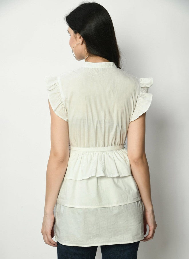 Pretilly White Cotton Layered Peplum Top for Women - Image 4