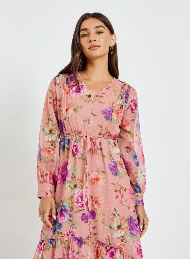 Styli Women Peach Floral Print Lurex Maxi Dress