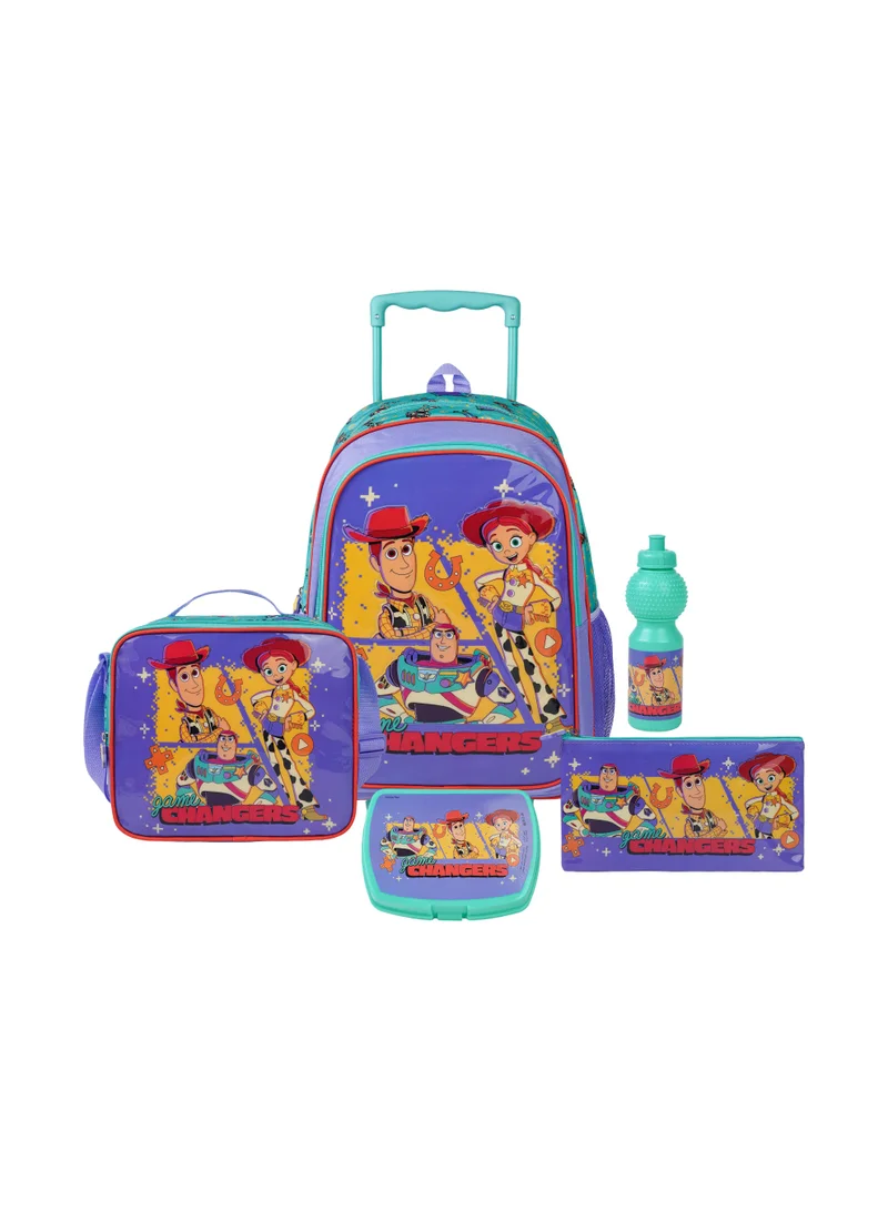 ديزني Disney Toy Story 5-in-1 Kids Trolley School Set 18" | Rolling Backpack, Lunch Bag, Lunch Box, Water Bottle & Pencil Case  | Water Resistant  | Boys School Bag