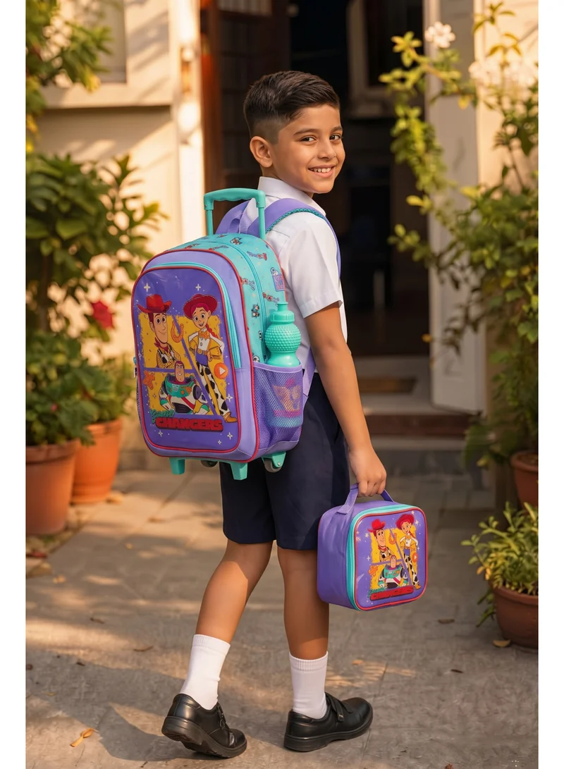 ديزني Disney Toy Story 5-in-1 Kids Trolley School Set 18" | Rolling Backpack, Lunch Bag, Lunch Box, Water Bottle & Pencil Case  | Water Resistant  | Boys School Bag