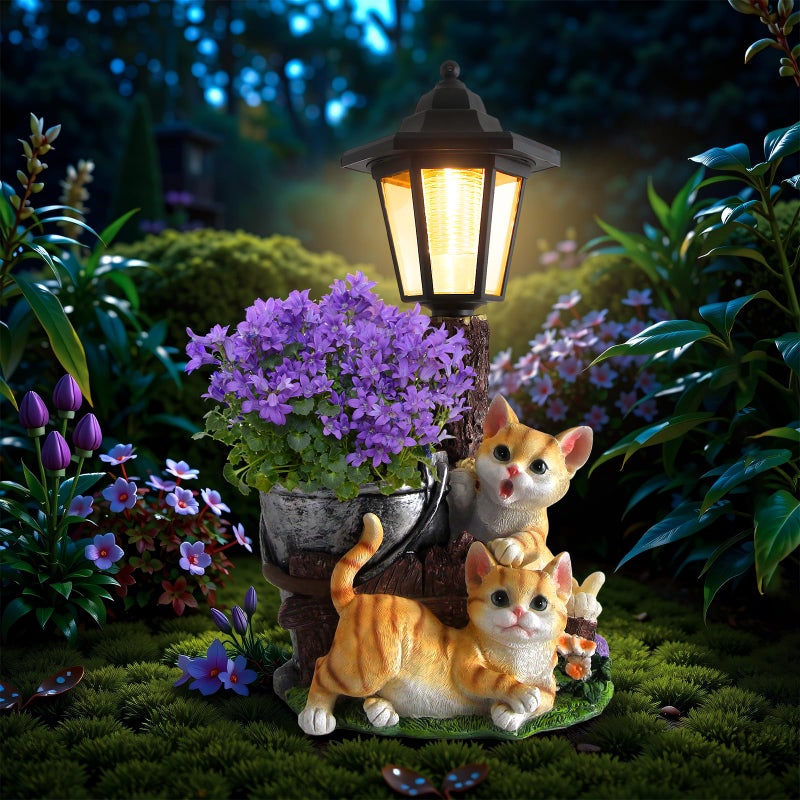 YEPOTUE Solar Cat Outdoor Statues, Garden Sculptures with Flowerpot Decor & Solar Lantern for Yard Art Lawn Ornaments Porch Patio Balcony - Idea Gifts for Women Mom Grandma - Image 1