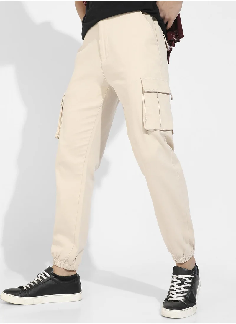 Campus Sutra Men's Beige Cuffed Hem Cargo Trousers