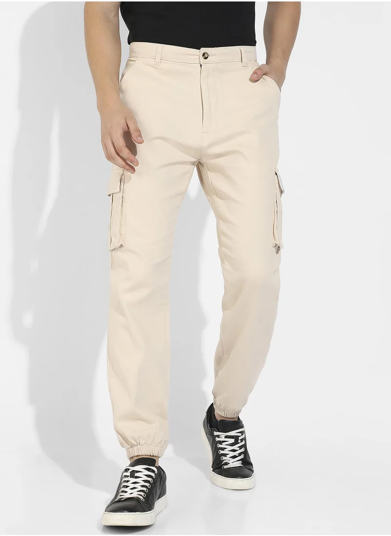 Campus Sutra Men's Beige Cuffed Hem Cargo Trousers