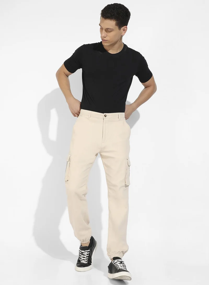 Campus Sutra Men's Beige Cuffed Hem Cargo Trousers