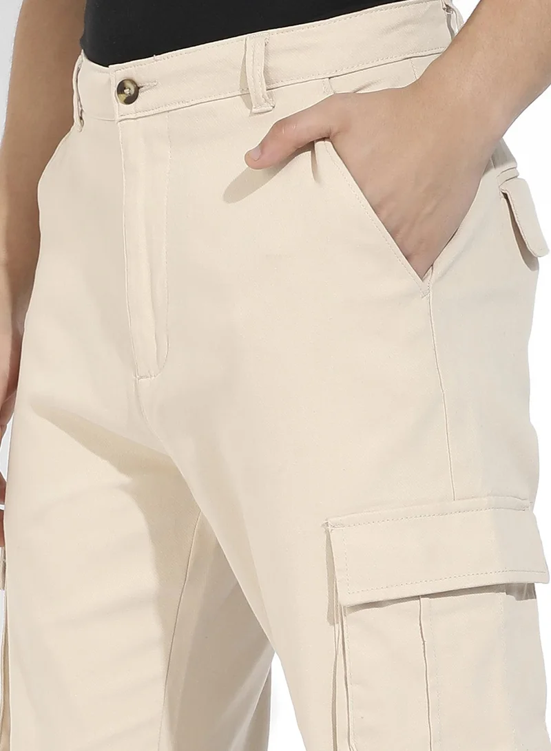 Campus Sutra Men's Beige Cuffed Hem Cargo Trousers