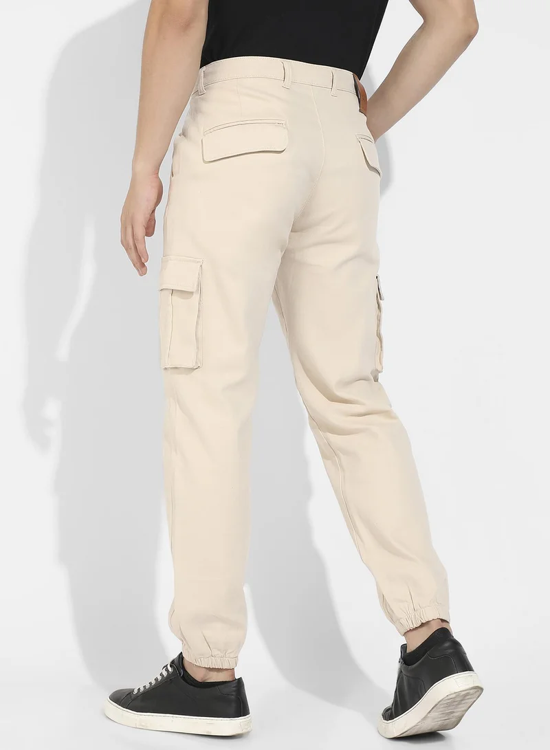 Campus Sutra Men's Beige Cuffed Hem Cargo Trousers