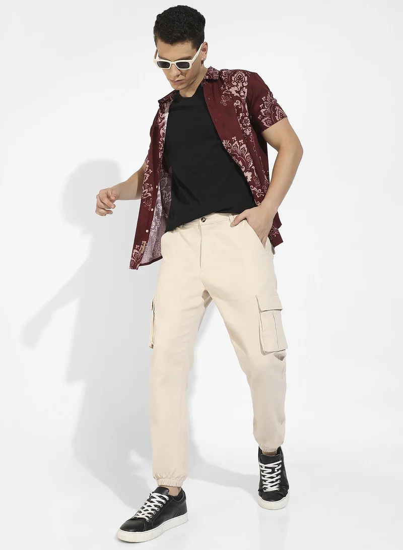 Campus Sutra Men's Beige Cuffed Hem Cargo Trousers