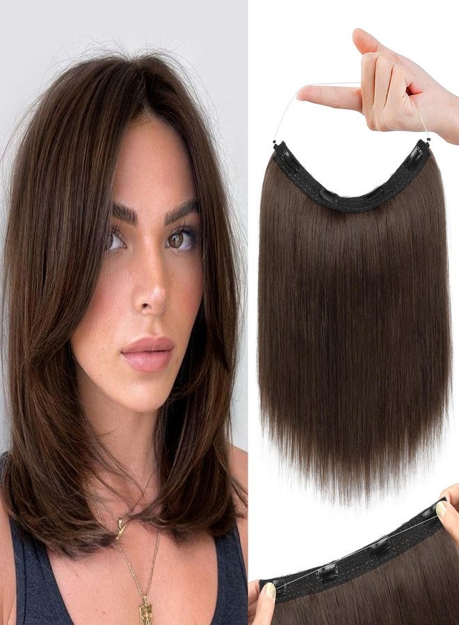 REECHO 12" Invisible Wire Hair Extensions with Thinner Softer Lace Weft Adjustable Size Removable Secure Clips in Short Straight Secret Hairpiece for Women - Chocolate Brown - Image 1