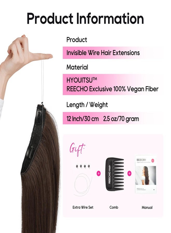 REECHO 12" Invisible Wire Hair Extensions with Thinner Softer Lace Weft Adjustable Size Removable Secure Clips in Short Straight Secret Hairpiece for Women - Chocolate Brown - Image 2
