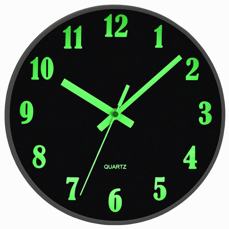 JoFomp Modern Night Light Wall Clock 10 Inch Silent NonTicking Quartz Wall Clocks Glow in The Dark Battery Operated Decorative Wall Clock for Bedroom Kitchen Living Room10 inch