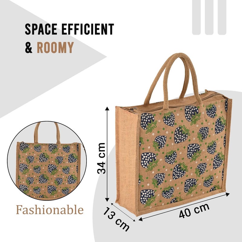 Kuber Industries Multi-purpose Jute Lunch Bags For Office Men/Women | Reusable Grocery Bag with Zip & Handle | Carry bag For Office Employees | Strawberry Print - Blue & Brown - Image 3