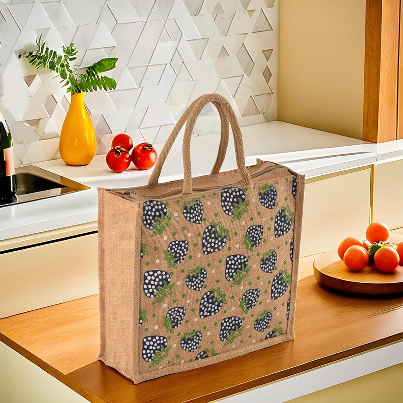 Kuber Industries Multi-purpose Jute Lunch Bags For Office Men/Women | Reusable Grocery Bag with Zip & Handle | Carry bag For Office Employees | Strawberry Print - Blue & Brown - Image 1