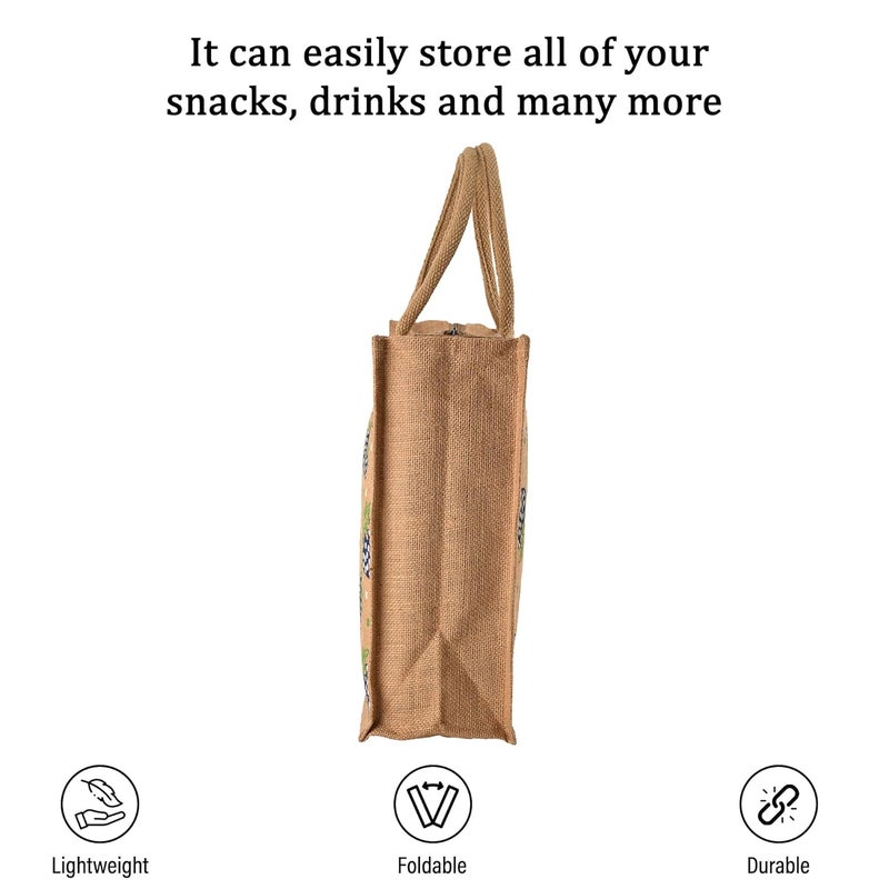 Kuber Industries Multi-purpose Jute Lunch Bags For Office Men/Women | Reusable Grocery Bag with Zip & Handle | Carry bag For Office Employees | Strawberry Print - Blue & Brown - Image 5