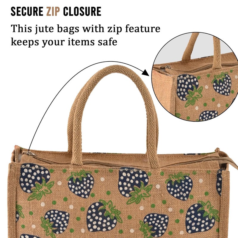 Kuber Industries Multi-purpose Jute Lunch Bags For Office Men/Women | Reusable Grocery Bag with Zip & Handle | Carry bag For Office Employees | Strawberry Print - Blue & Brown - Image 4