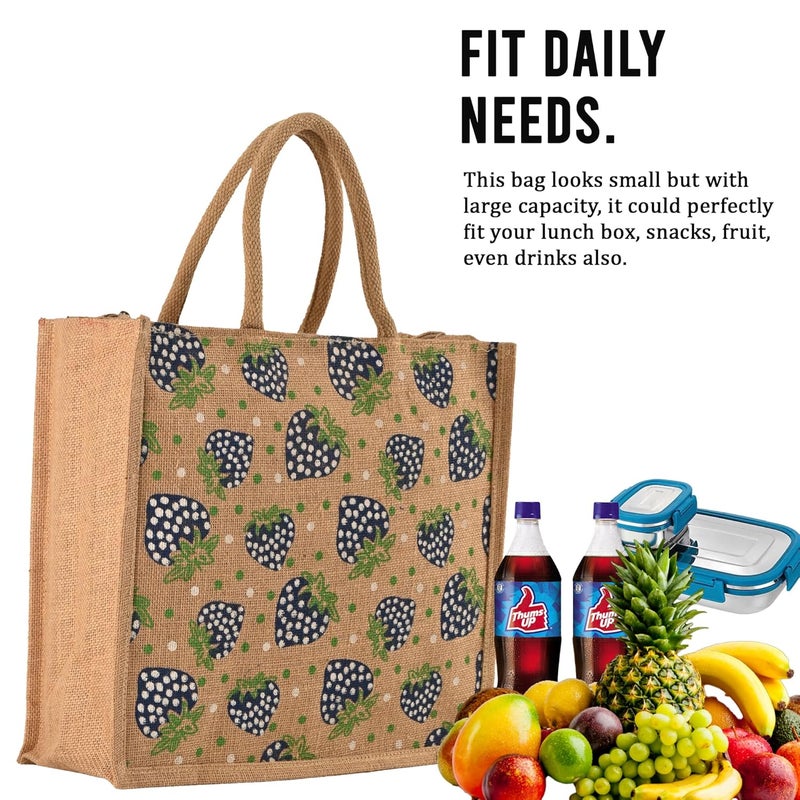 Kuber Industries Multi-purpose Jute Lunch Bags For Office Men/Women | Reusable Grocery Bag with Zip & Handle | Carry bag For Office Employees | Strawberry Print - Blue & Brown - Image 2