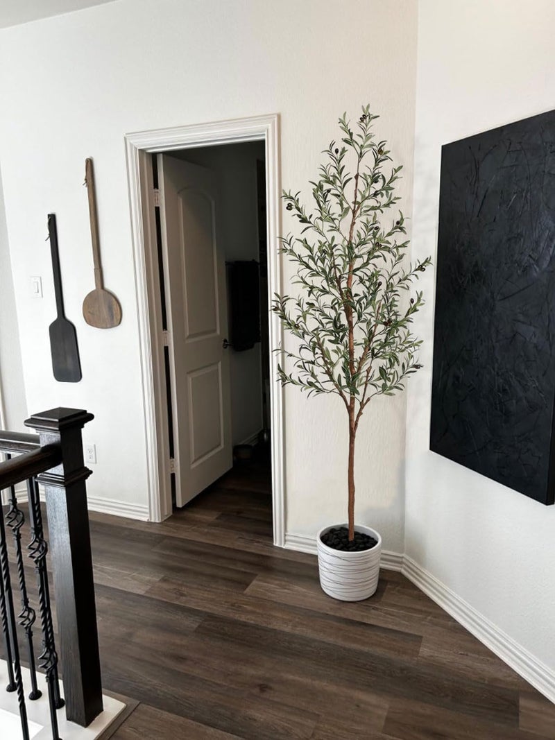 Aveyas 7ft Artificial Olive Tree for Home Decor, 7 Feet Large Faux Plant Fake Skinny Silk Trees with Black Olivo for Indoor Outdoor House Living Room Office (7 ft Tall) - Image 5